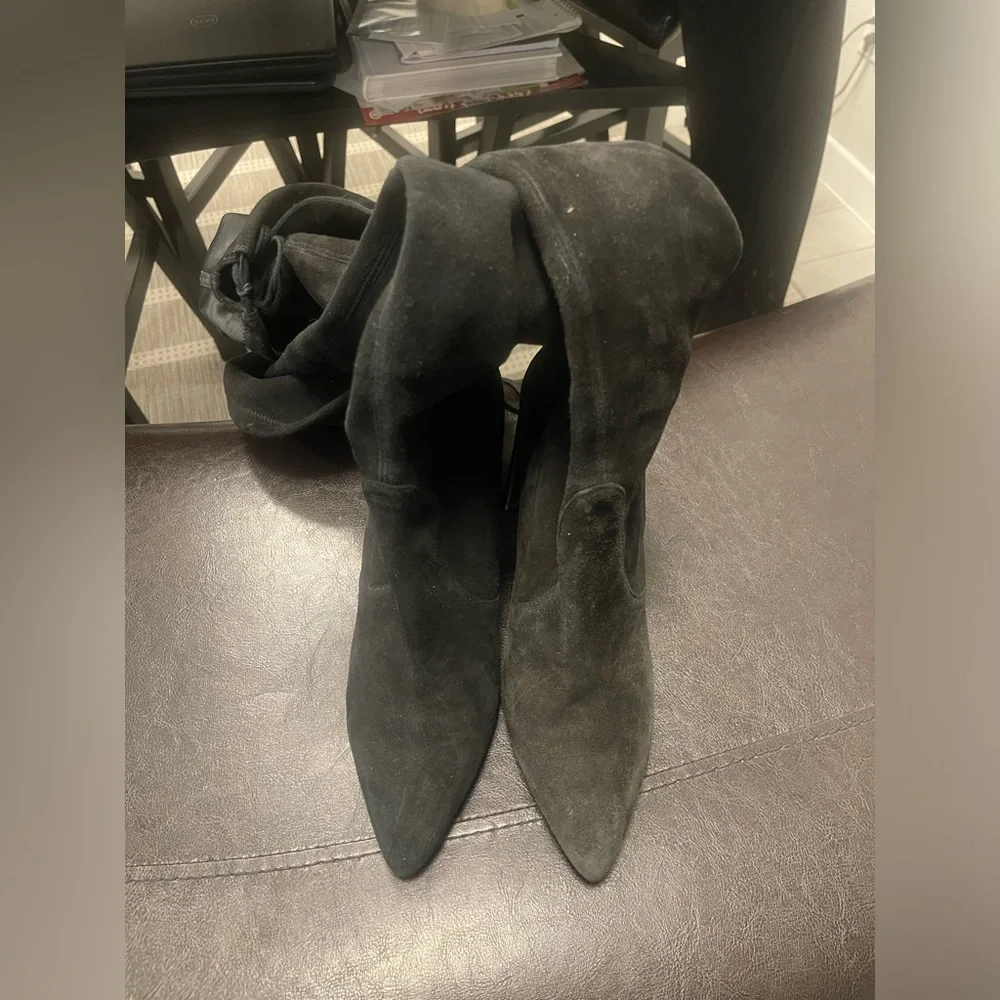 Stuart Weitzman Highland Black Suede leather thigh high Heel Boots sz 9
